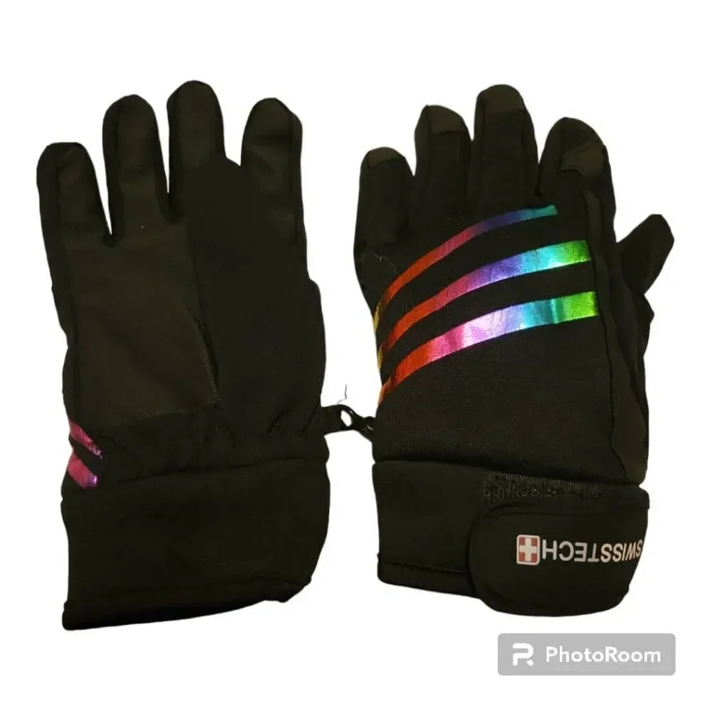 Swiss Tech Youth Water Resistant Black Ski Glove with Rainbow Foil Stripes, Rein